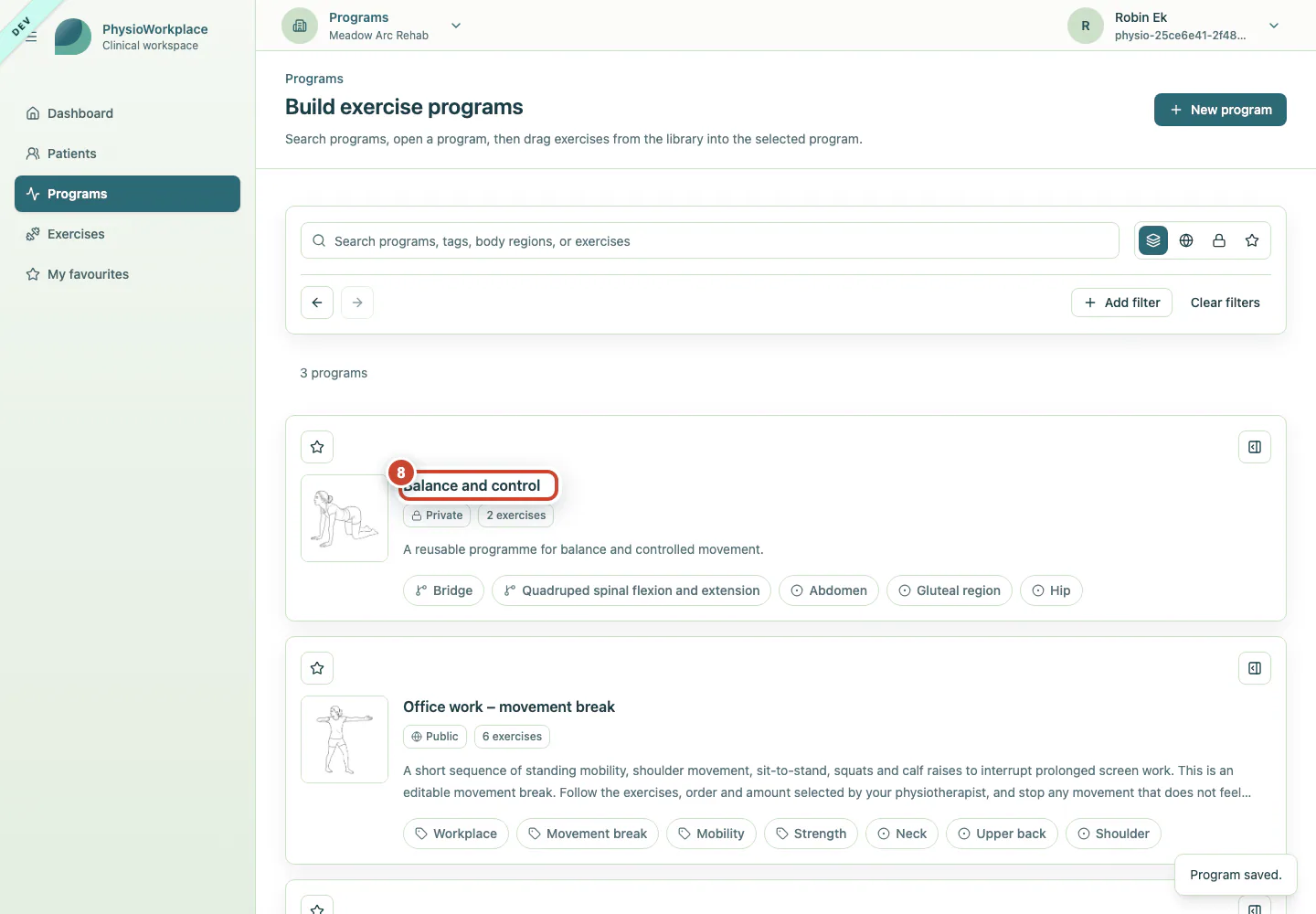 Programme library with the new private template title highlighted.
