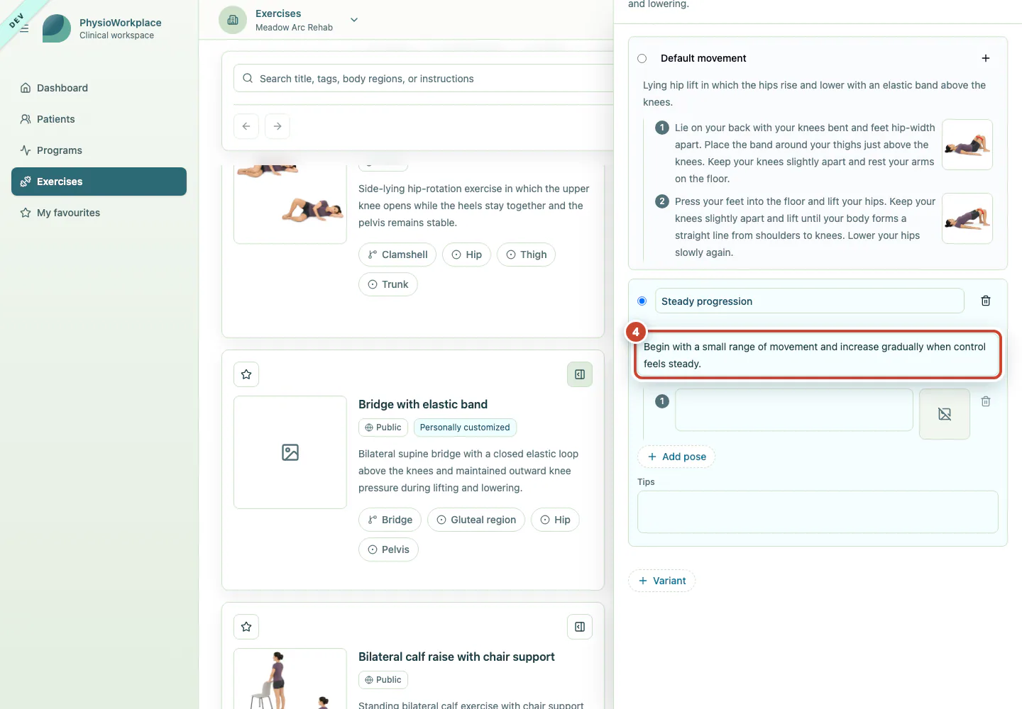 Public exercise with the saved personal execution variant highlighted.