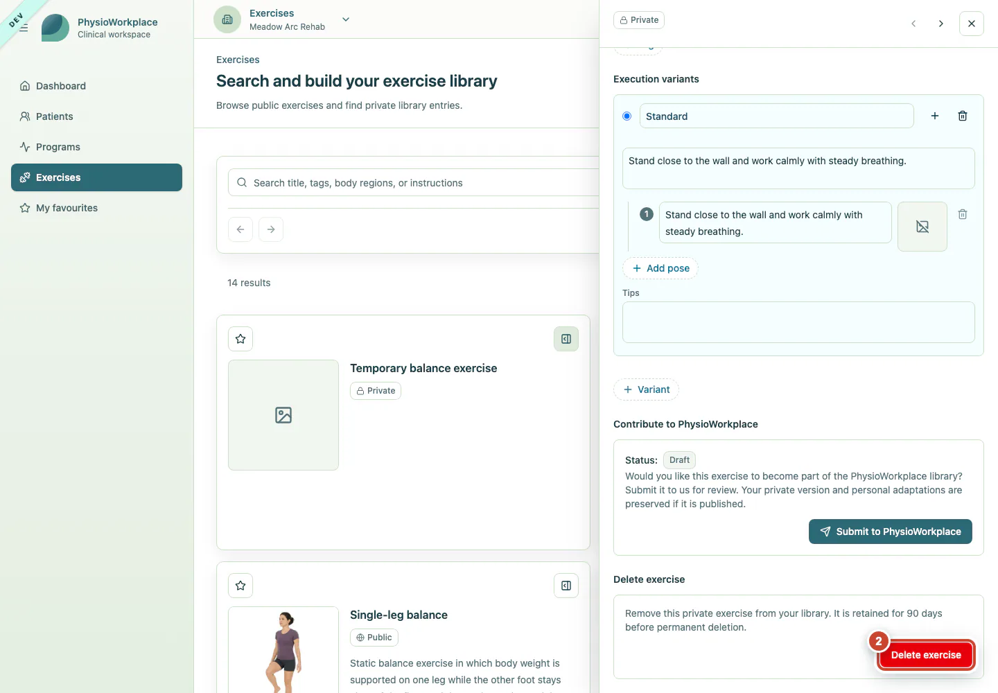 Exercise editor with the Delete exercise button highlighted.