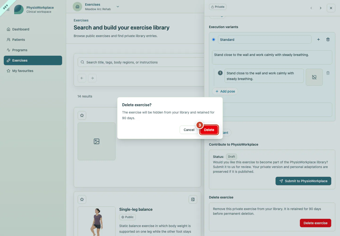 Confirmation dialog with the Delete button highlighted.