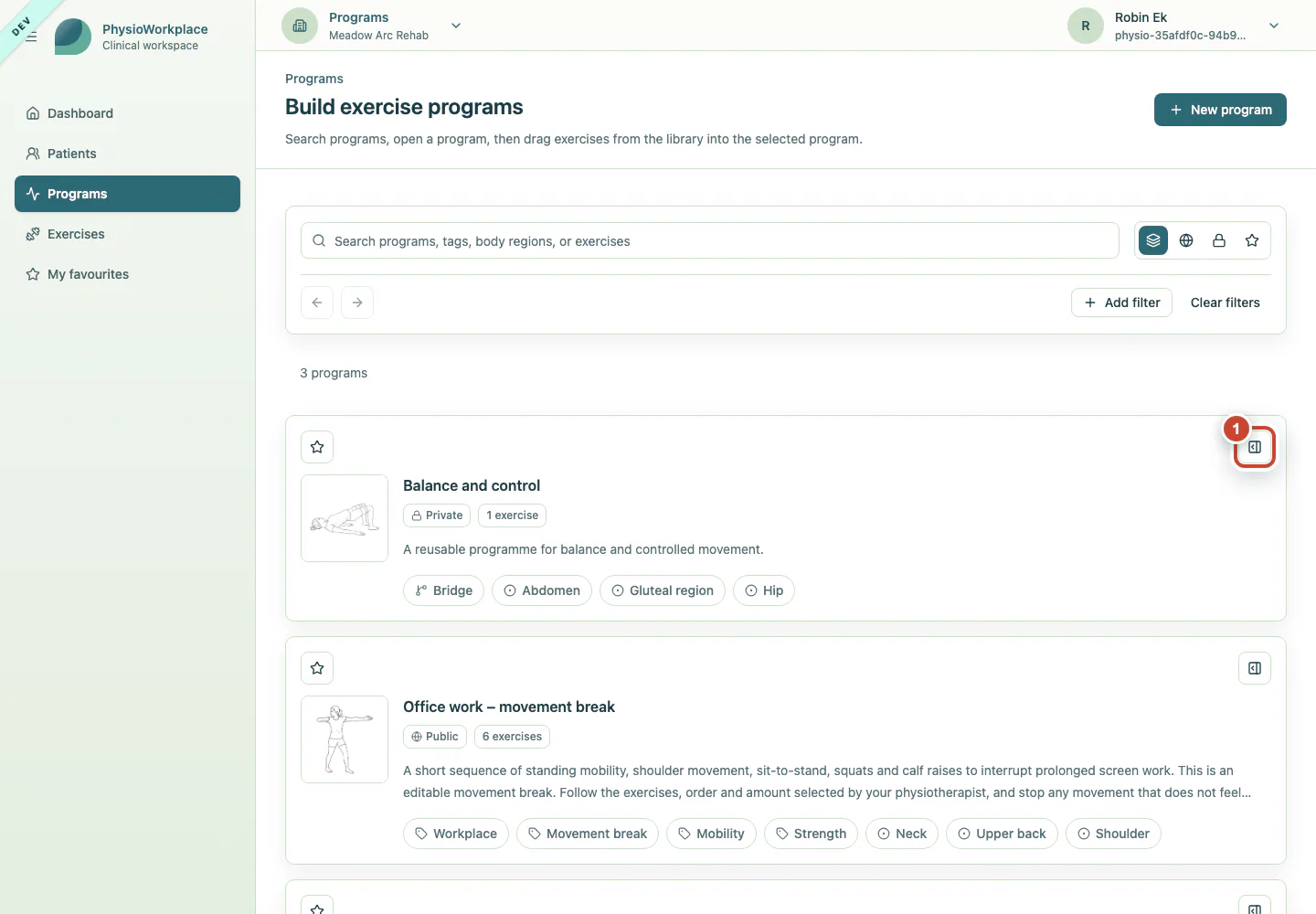 Programme library with the button for opening the owned template highlighted.