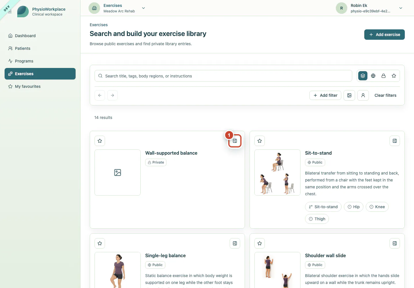 Exercise library with the open button for the private exercise highlighted.