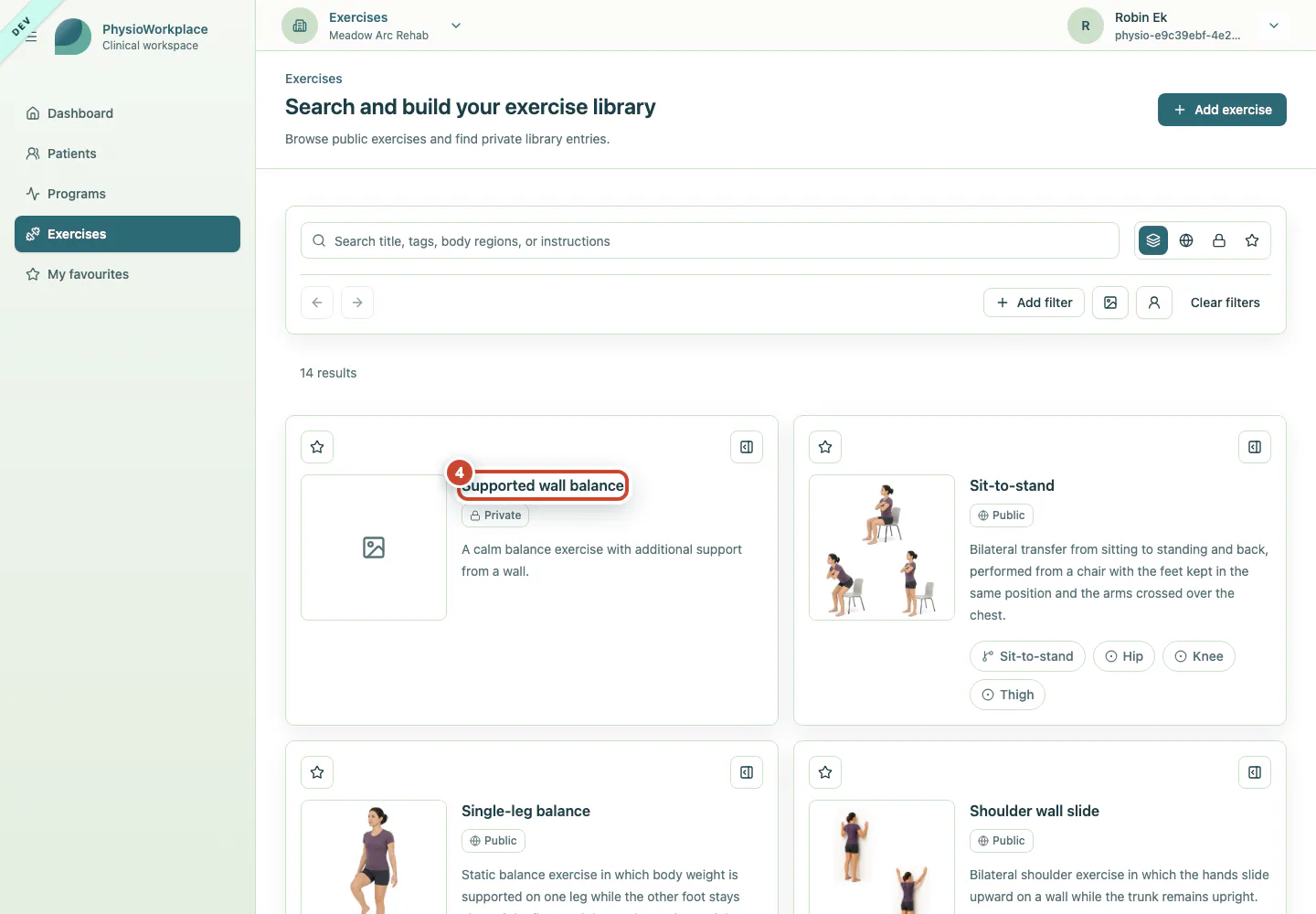 Exercise library with the updated exercise title highlighted.