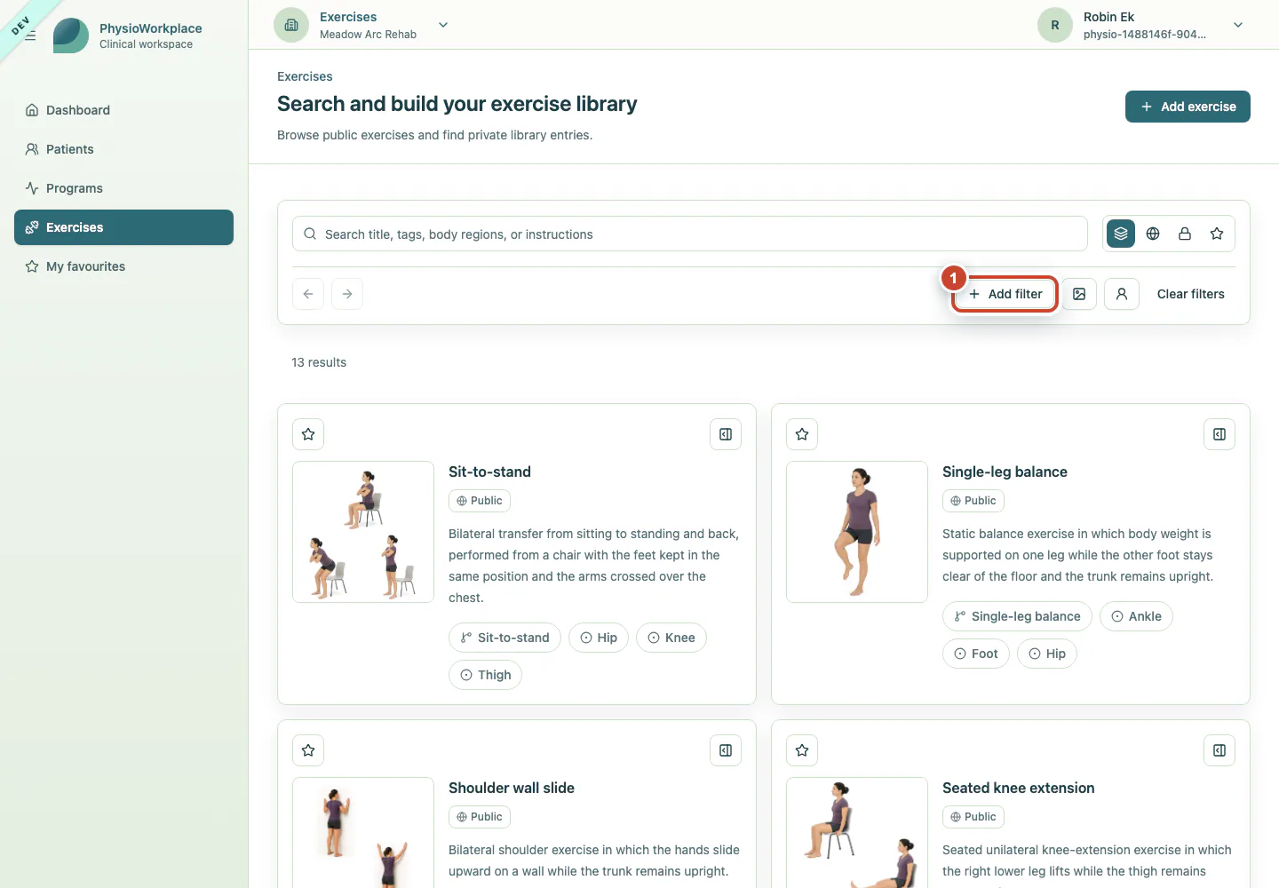 Exercise library with the Add filter button highlighted.