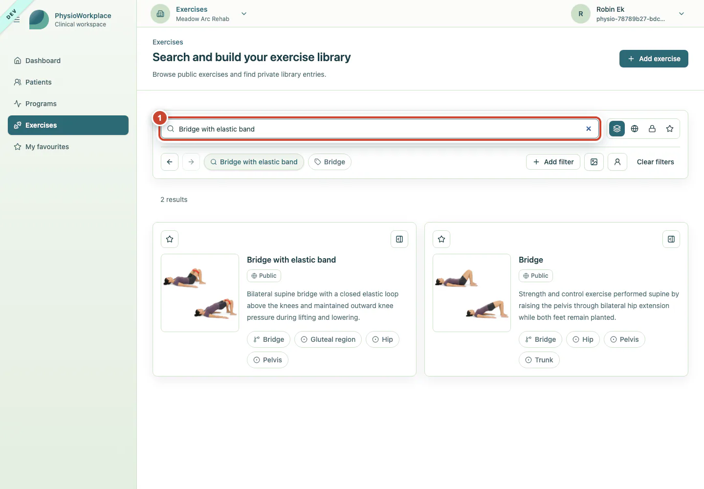 Exercise library with a title entered in the search field.