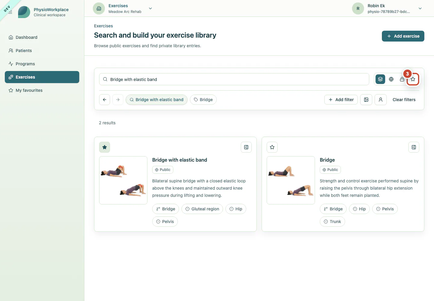 Exercise library with the Favourites filter highlighted.