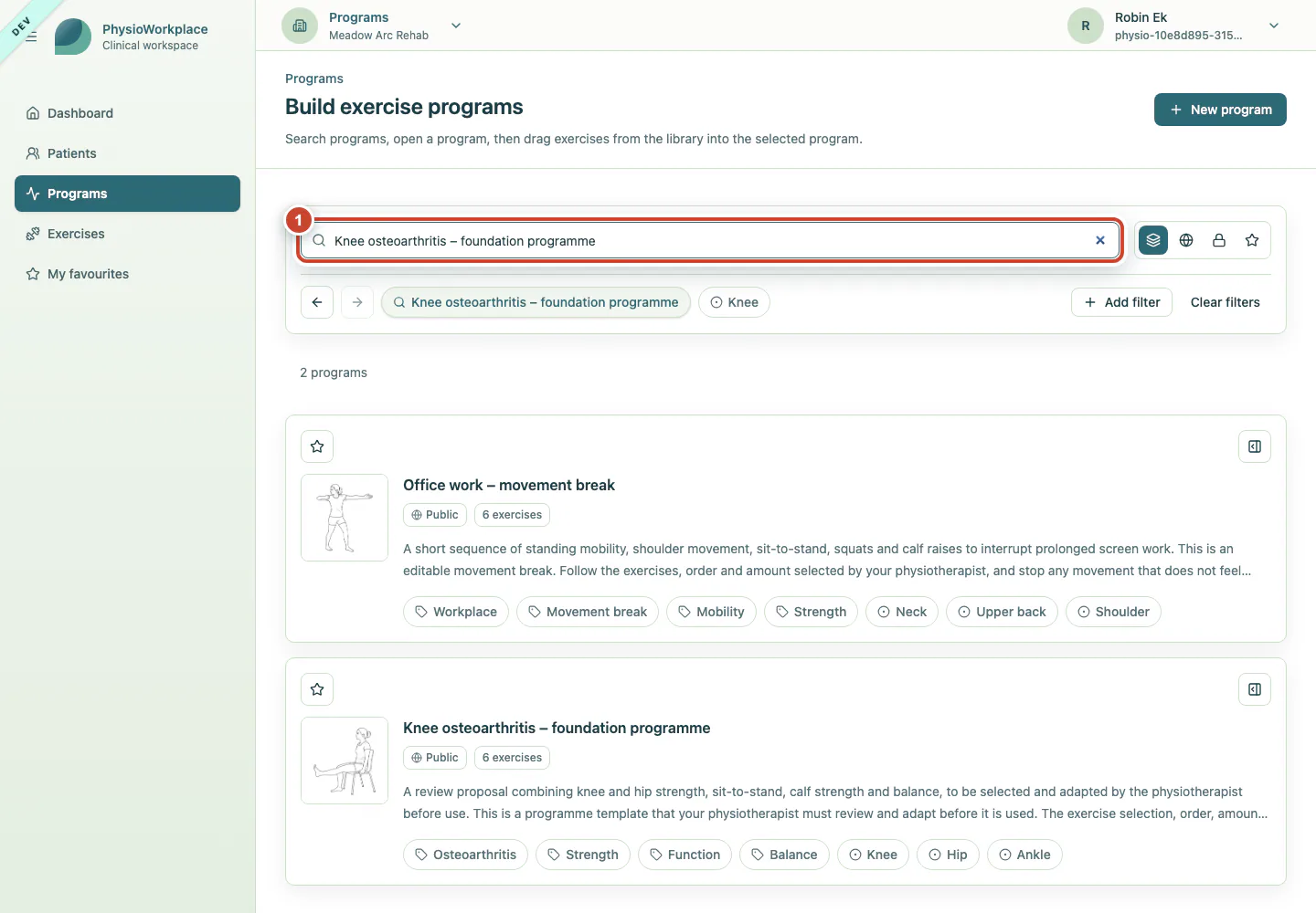Programme library with a title entered in the search field.