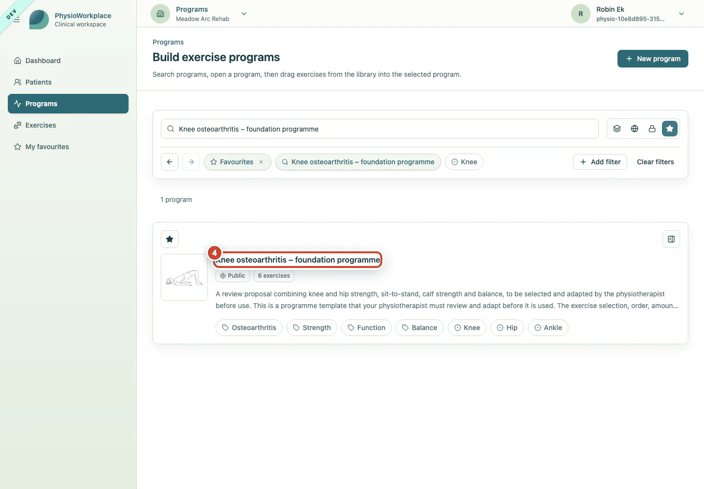 Favourite programme template in the filtered results.