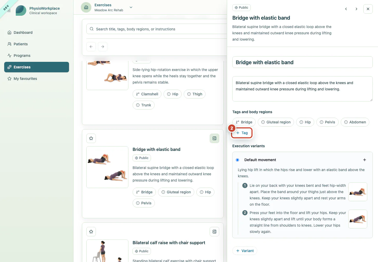 Exercise details with the Tag button highlighted.