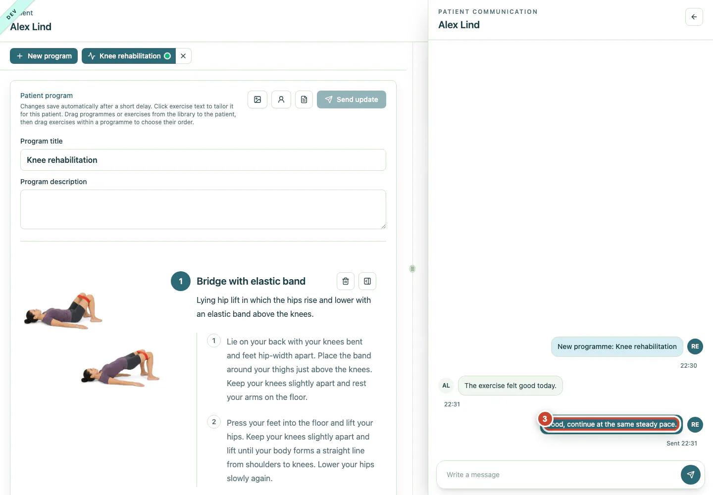 Patient conversation showing the clinician's sent reply.