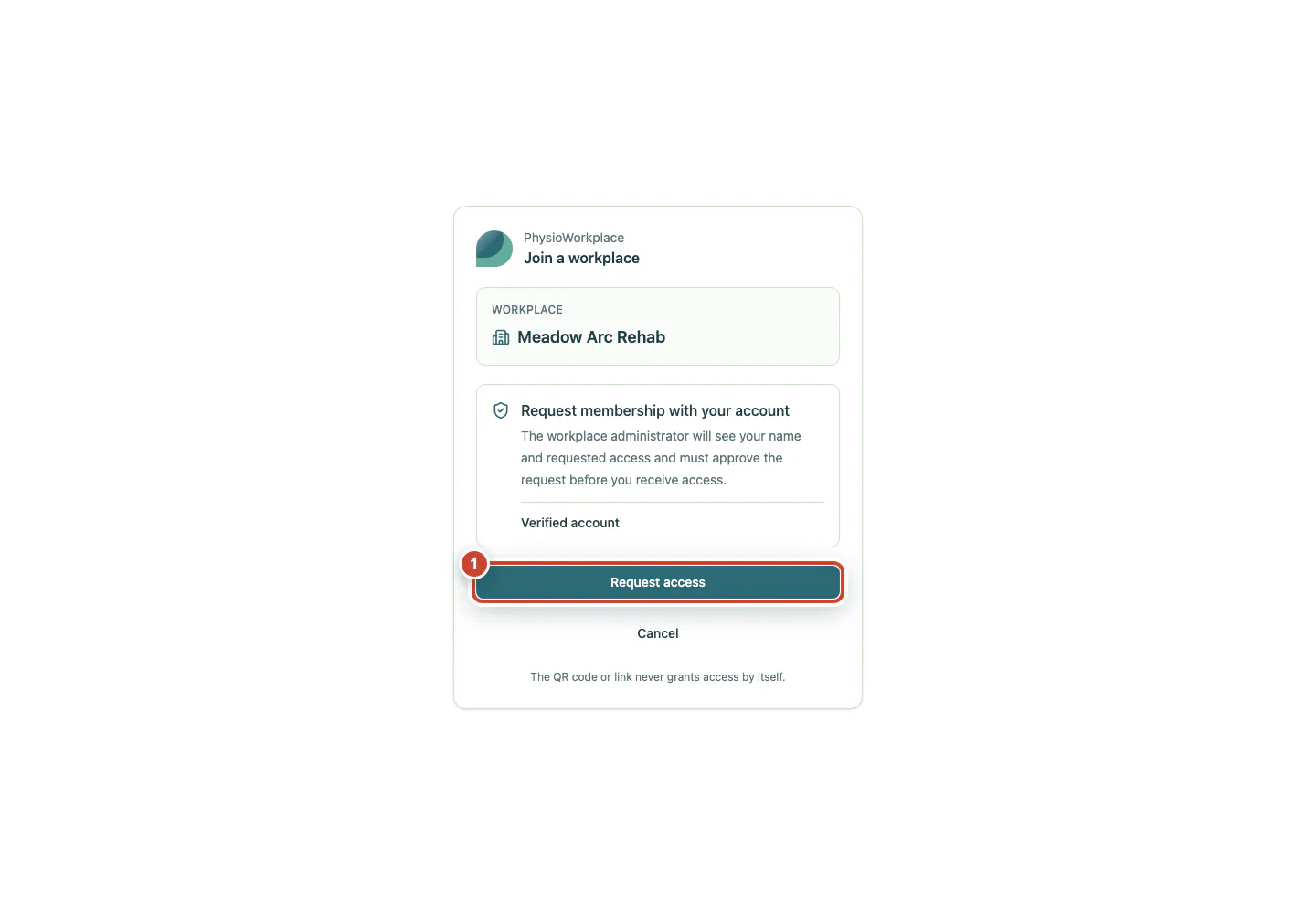 Workplace join page with the workplace name and Request access button highlighted.