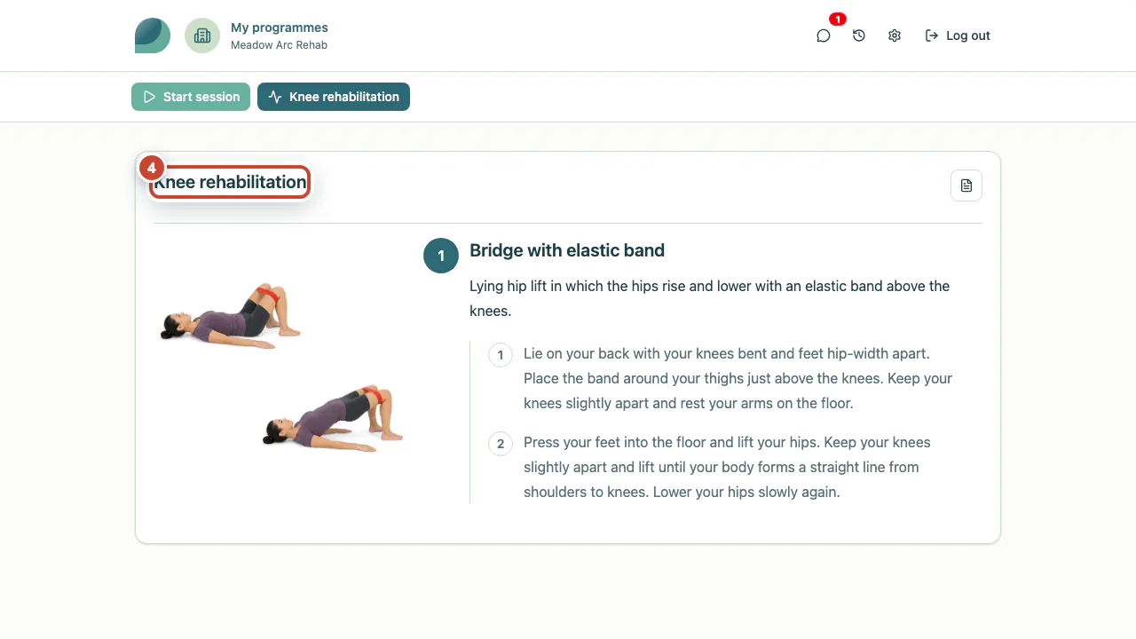 Patient view showing the delivered Knee rehabilitation programme.