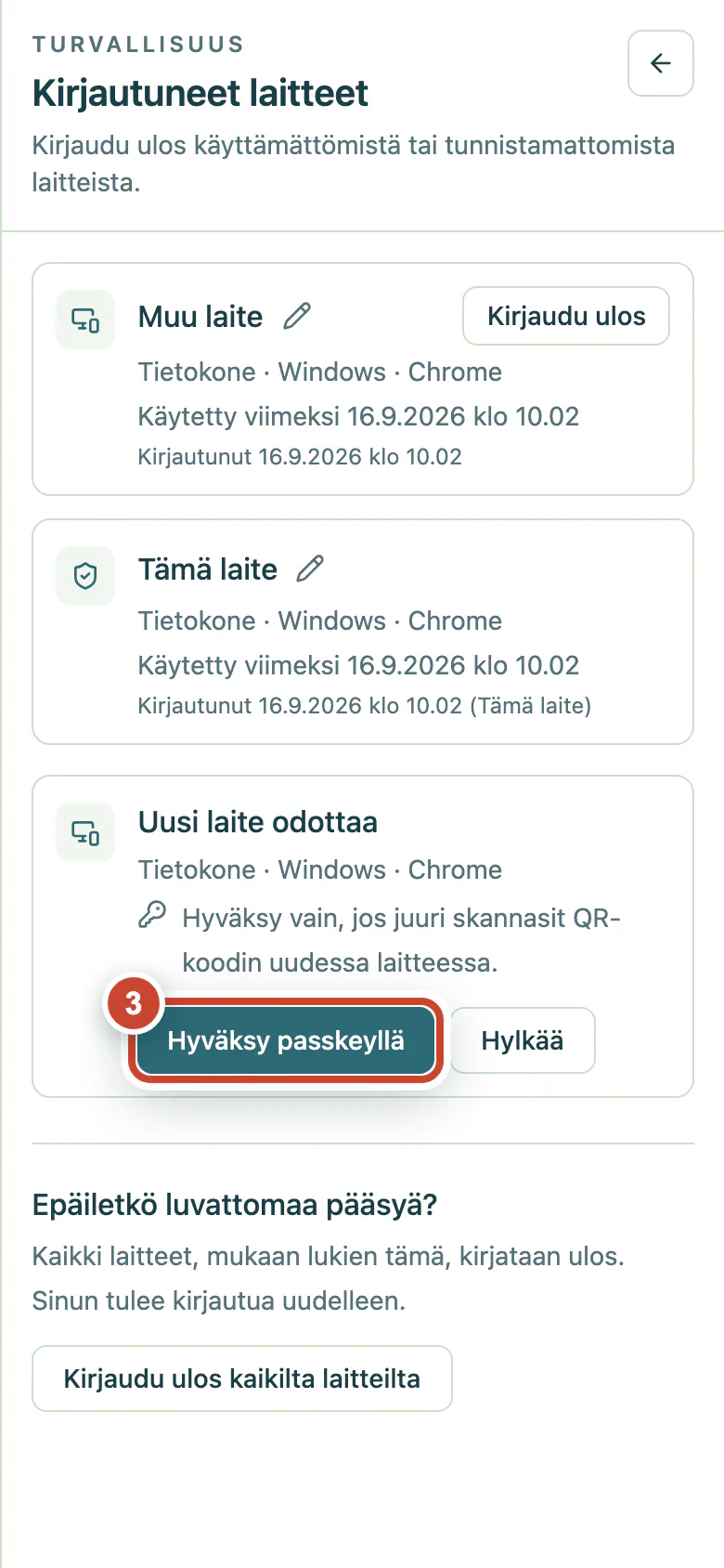 Uuden laitteen pyyntö, jossa Hyväksy passkeyllä -painike on korostettu.