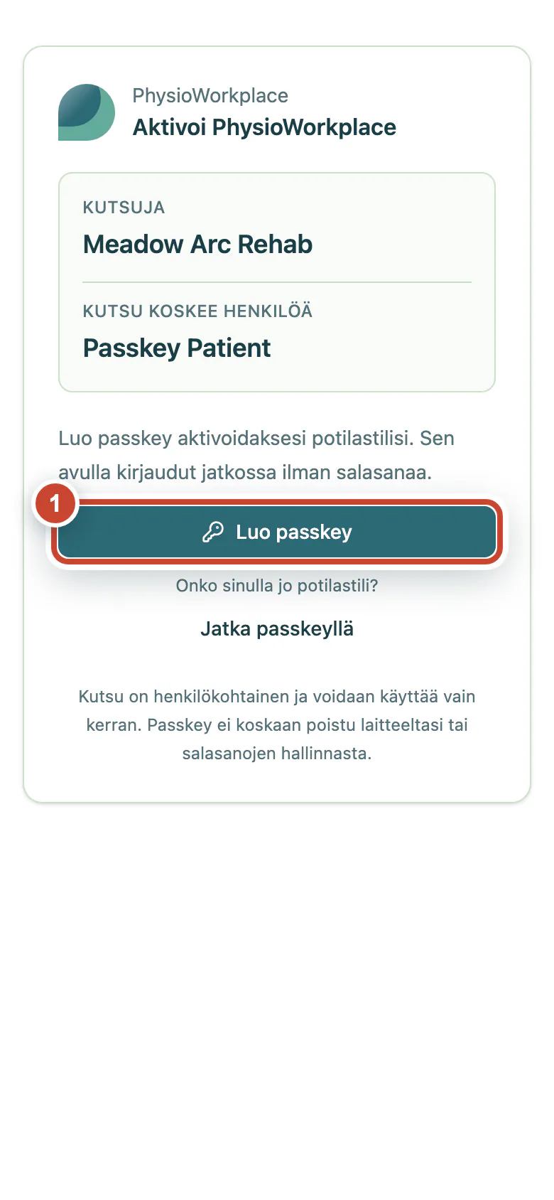Henkilökohtainen aktivointikutsu, jossa Luo passkey -painike on korostettu.