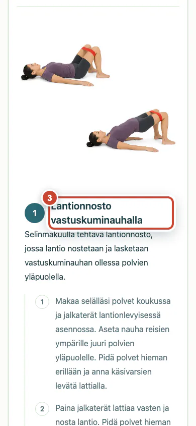 Avoin harjoitusohjelma, jossa nimi ja harjoitteet näkyvät.