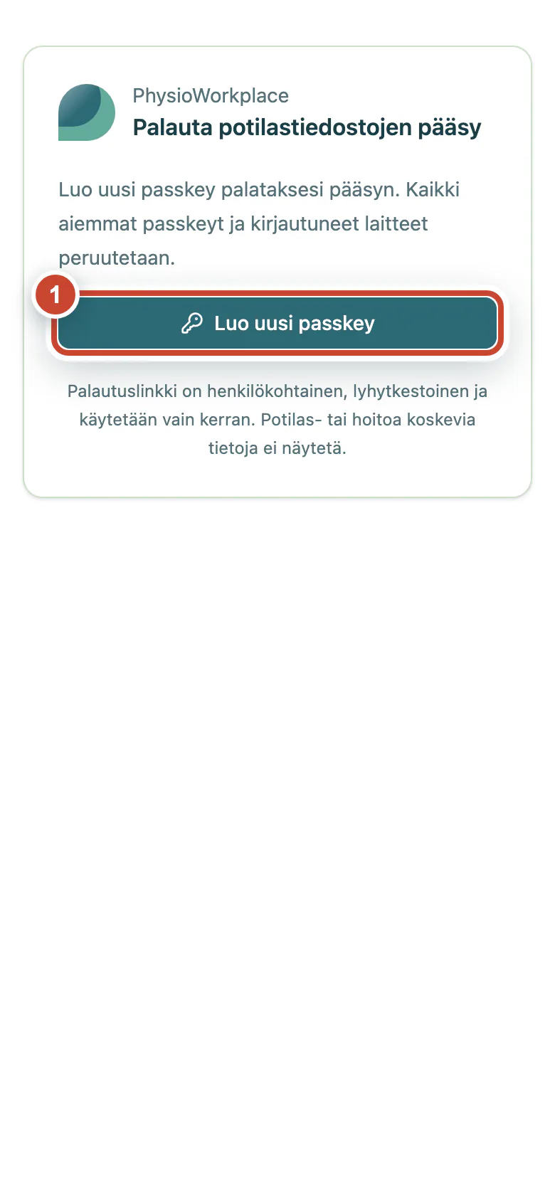Palautussivu, jossa Luo uusi passkey -painike on korostettu.