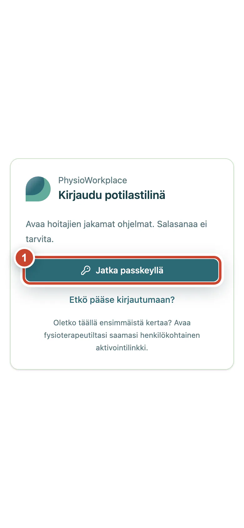 Potilaskirjautuminen, jossa Jatka passkeyllä -painike on korostettu.