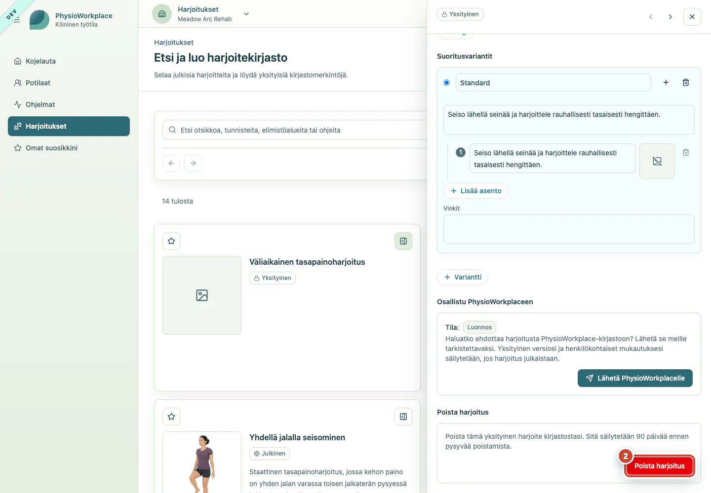 Harjoitemuokkain, jossa Poista harjoite -painike on korostettu.