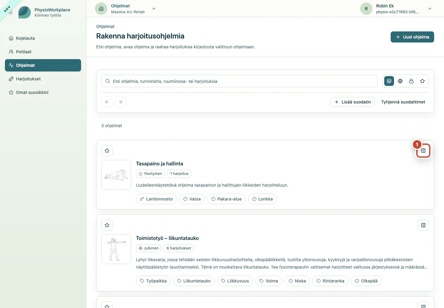 Ohjelmakirjasto, jossa oman pohjan avauspainike on korostettu.