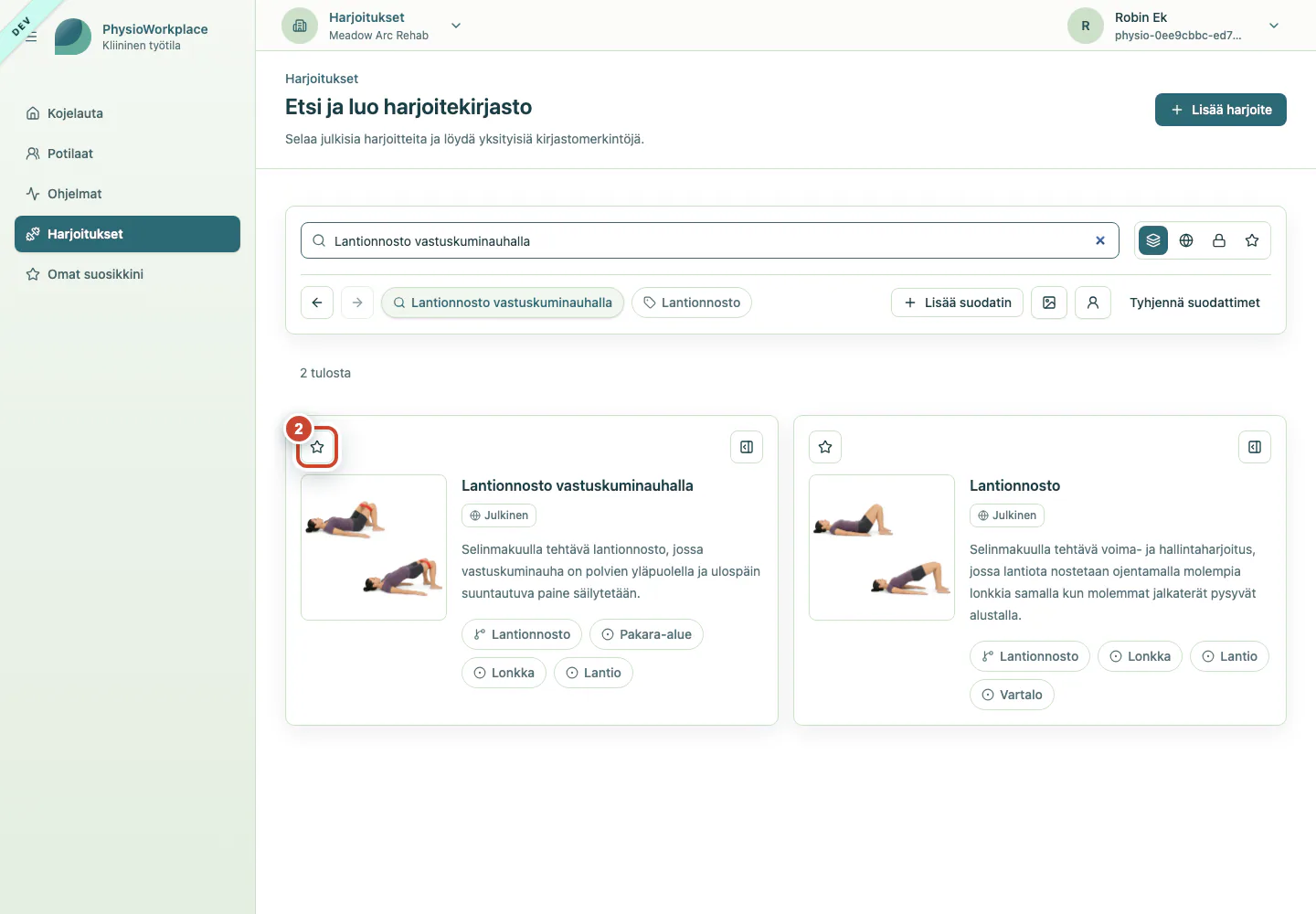 Harjoitekortti, jossa suosikkipainike on korostettu.