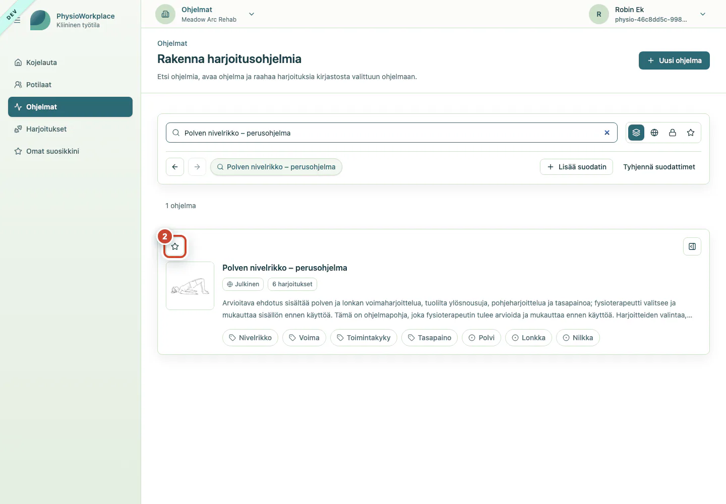 Ohjelmakortti, jossa suosikkipainike on korostettu.