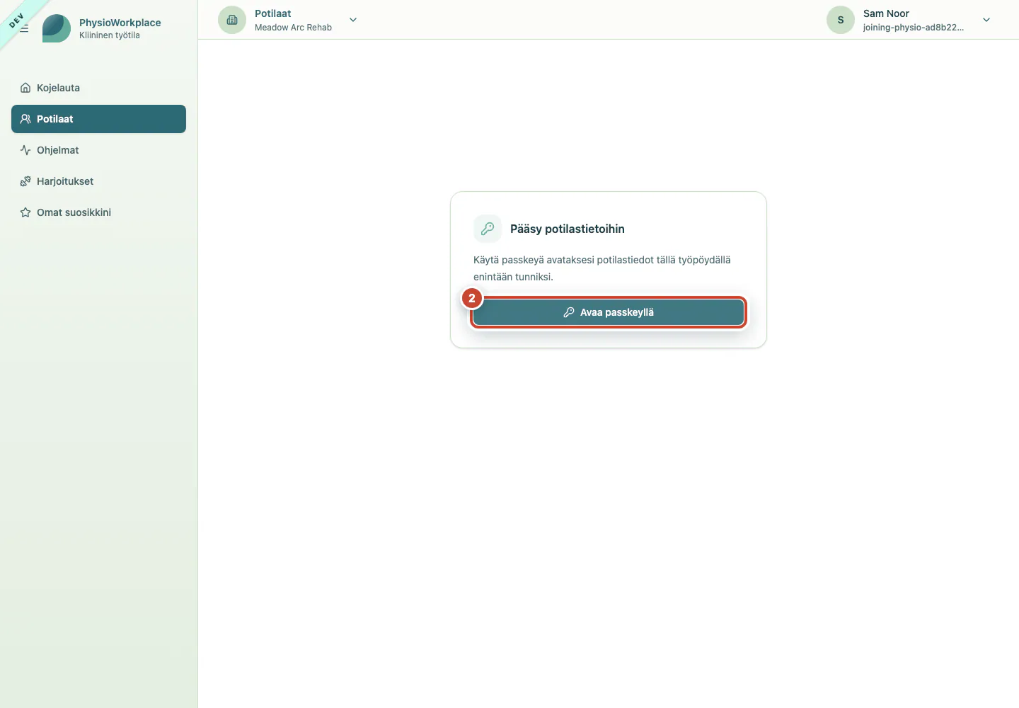 Sivu, jolla potilastiedot avataan rekisteröidyllä passkeyllä.