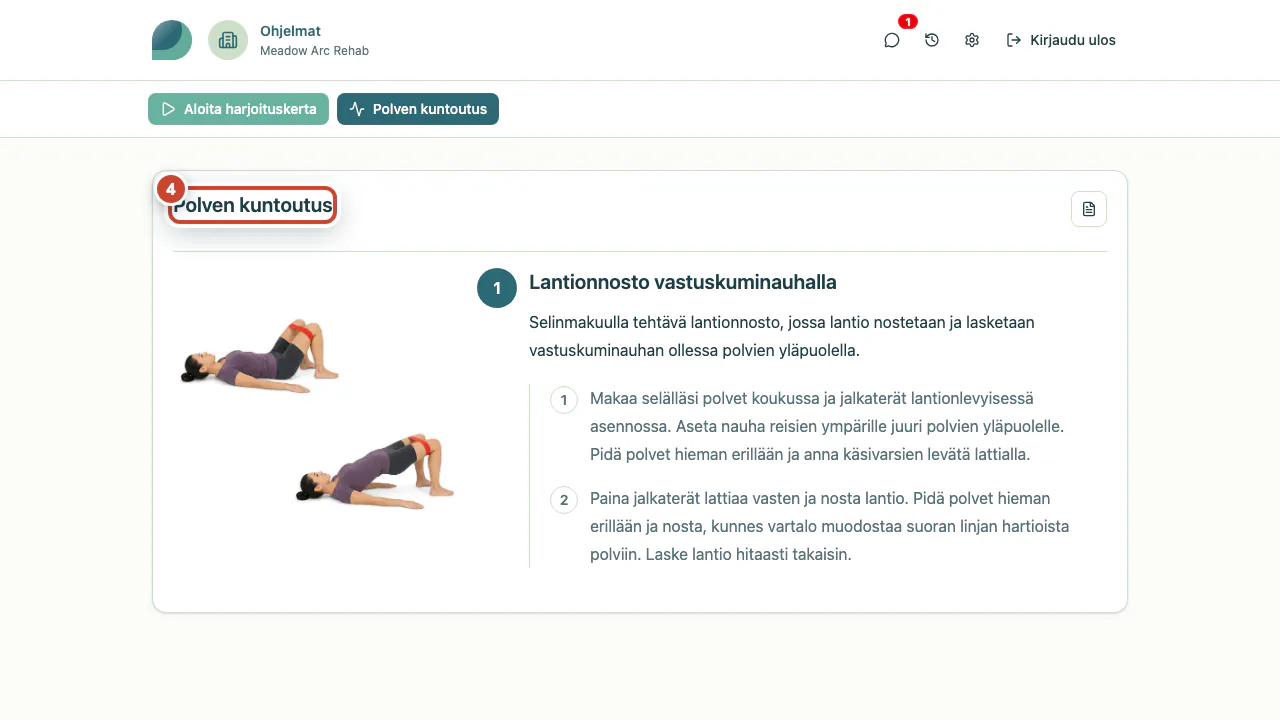 Potilaan näkymä, jossa toimitettu Polven kuntoutus -ohjelma näkyy.