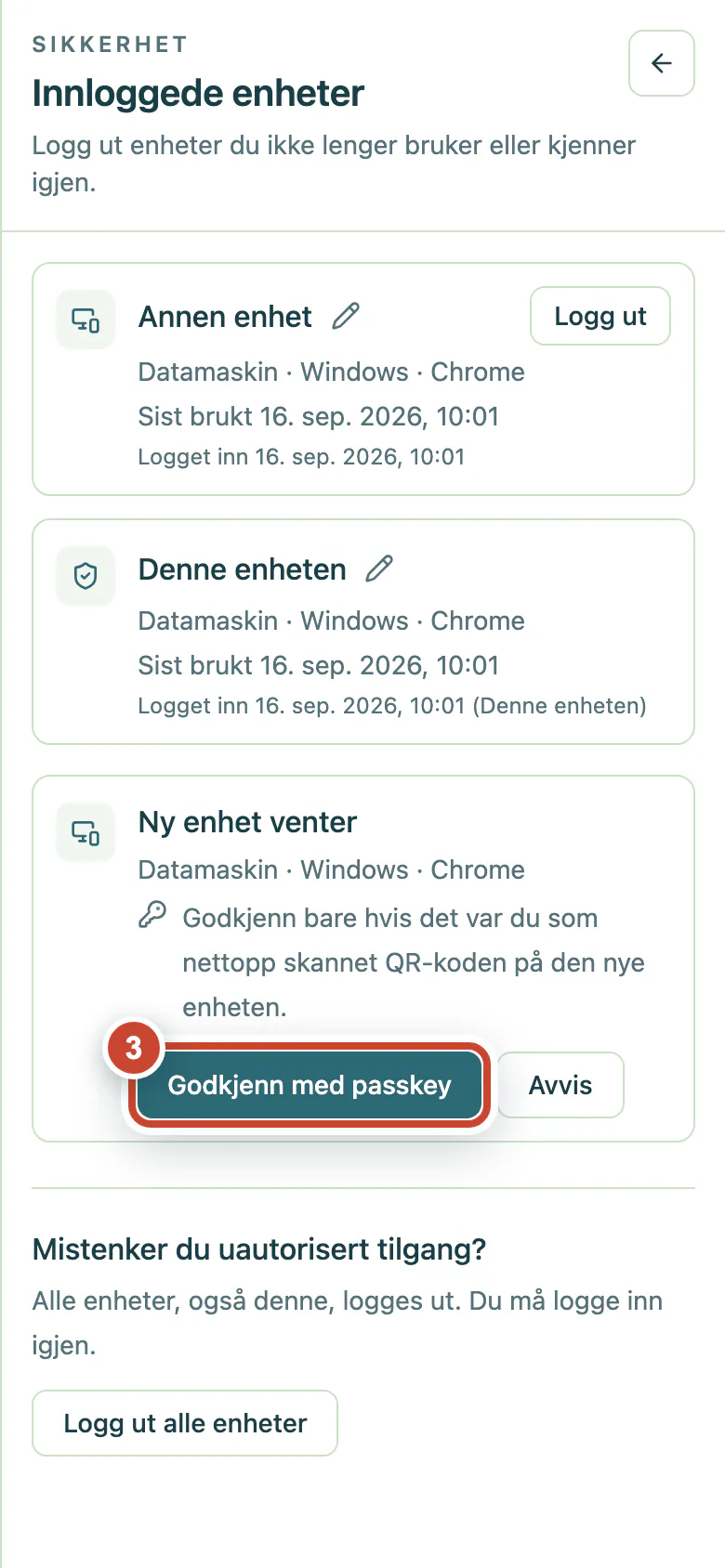 Forespørsel om en ny enhet med knappen Godkjenn med passkey markert.