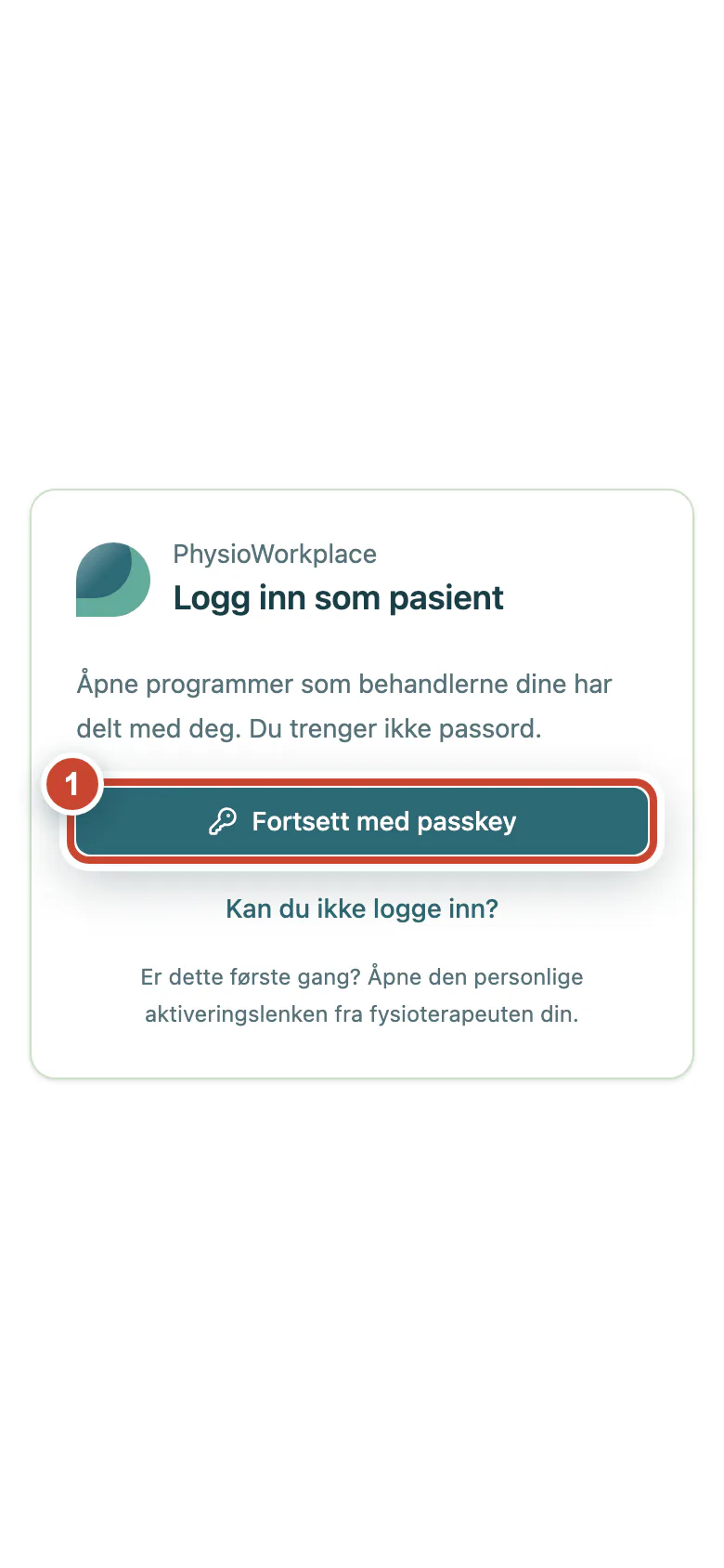 Pasientinnlogging med knappen Fortsett med passkey markert.