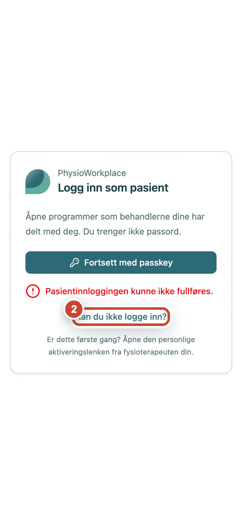Mislykket pasientinnlogging med lenken Kan du ikke logge inn markert.