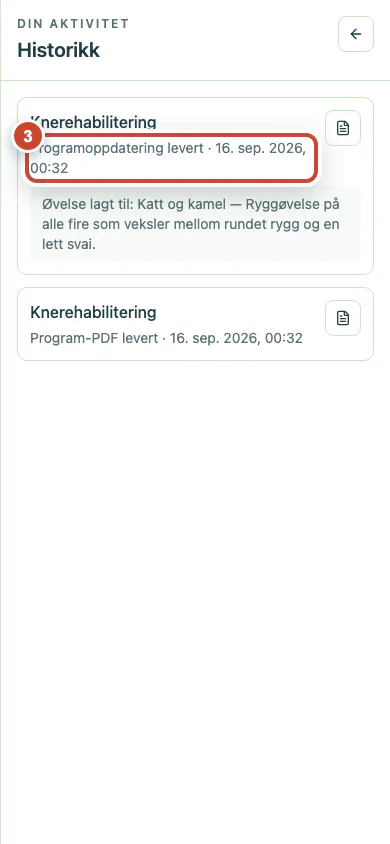 Leveringshistorikken med den nyeste programoppdateringen.
