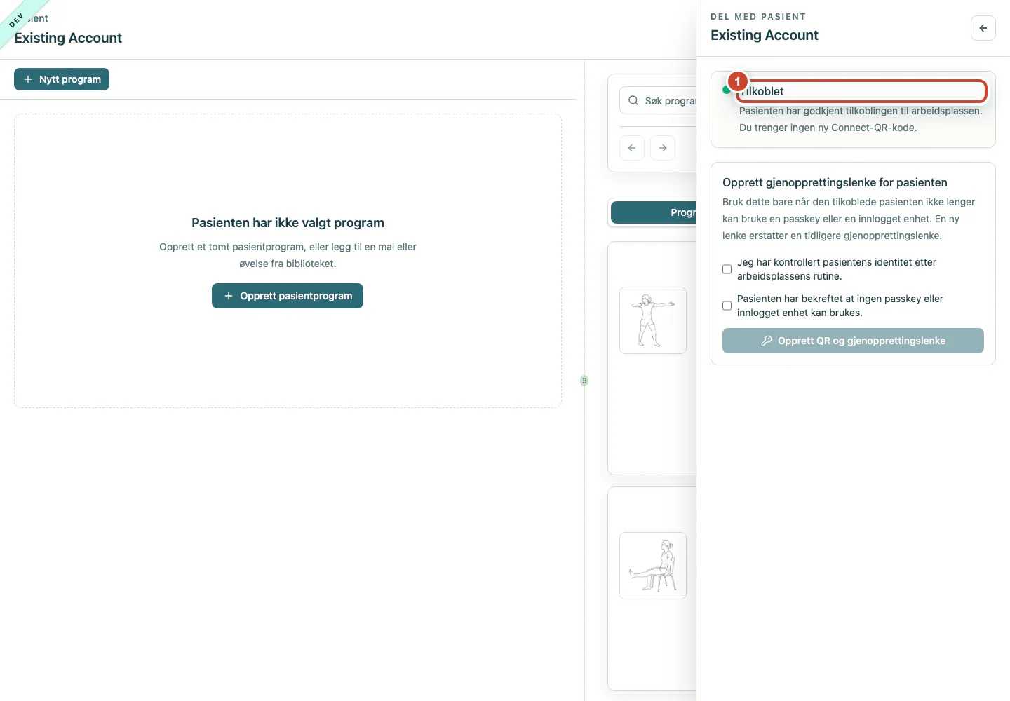 Pasientens Connect-panel med statusen Tilkoblet fremhevet.