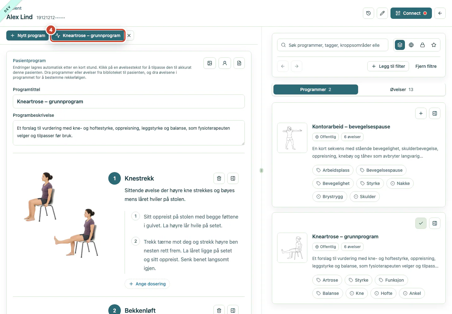 Programarbeidsområdet med Kneartrose – grunnprogram valgt.