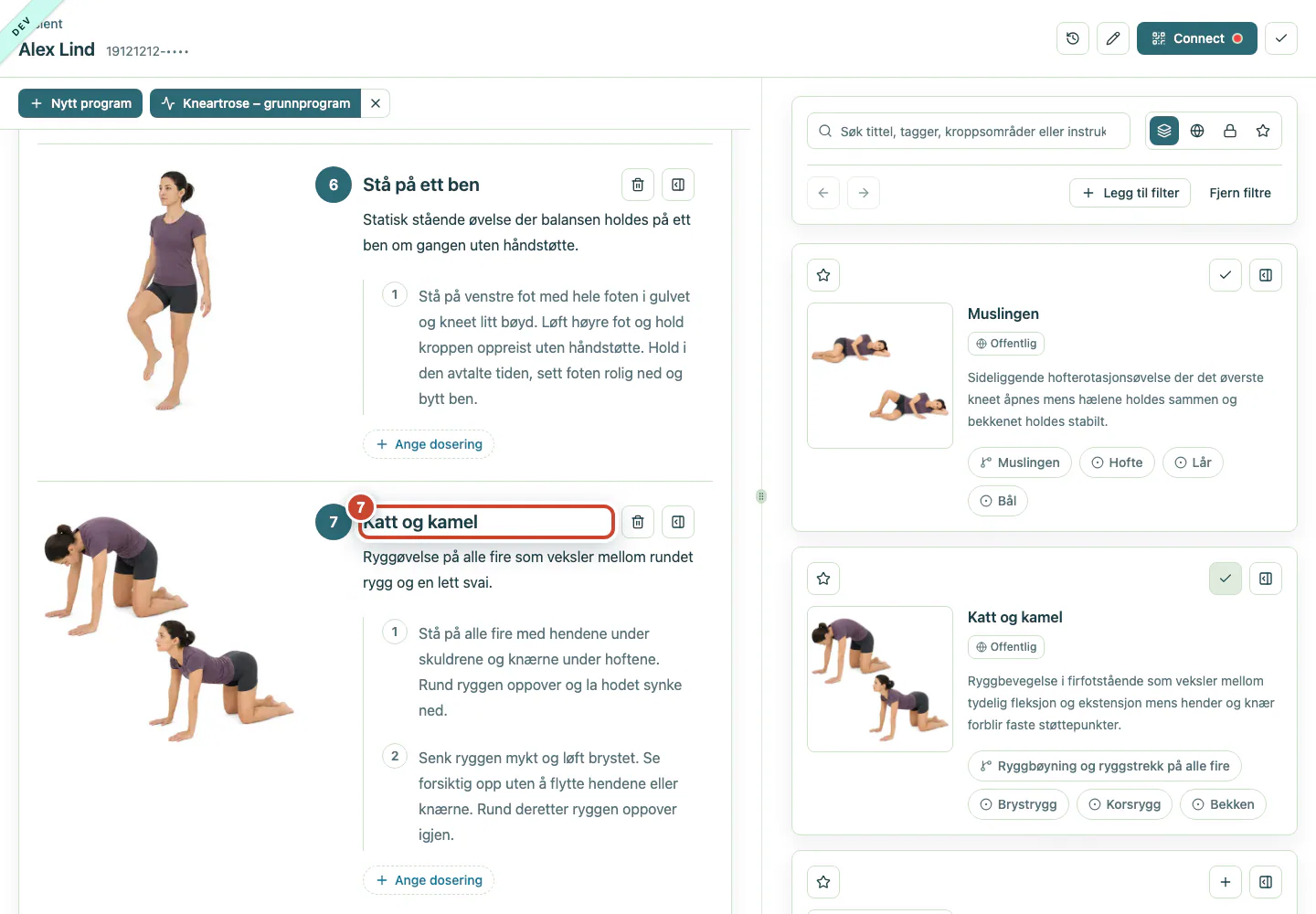 Pasientprogrammet med den ekstra øvelsen Katt og kamel.
