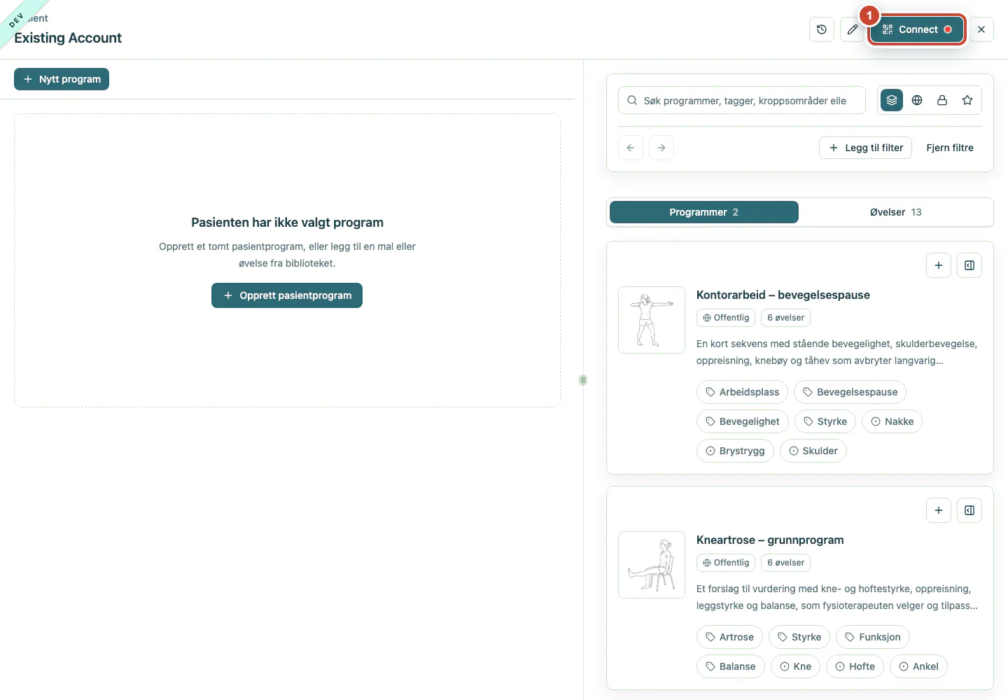 Pasientens arbeidsområde med knappen Connect fremhevet.