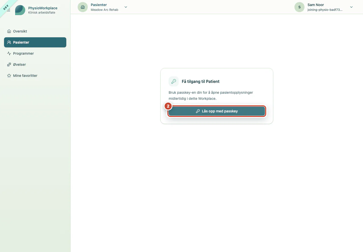 Siden der pasienttilgangen låses opp med en registrert passkey.