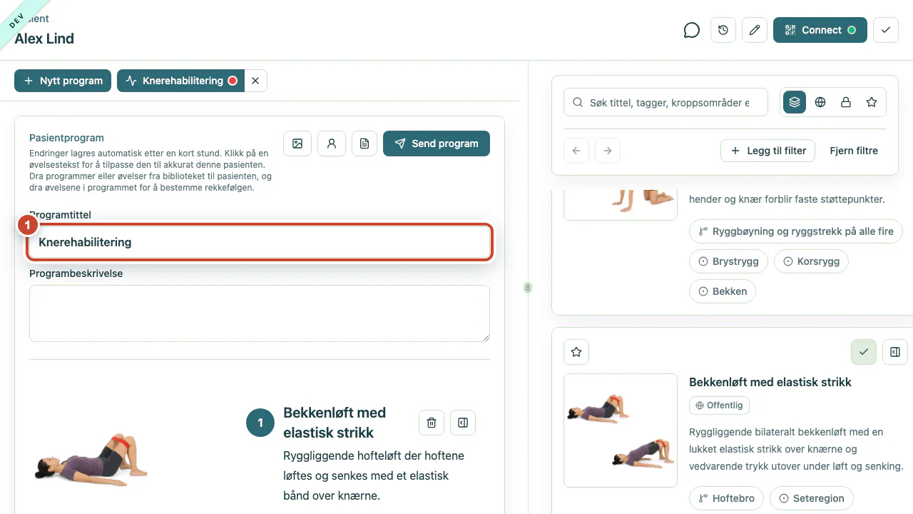 Pasientprogrammet med tittel og øvelser klart for levering.