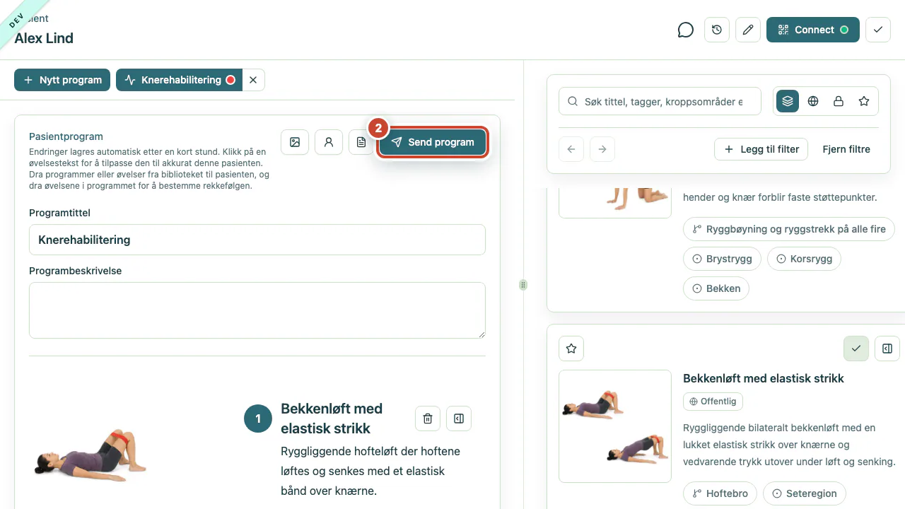 Programarbeidsområdet med knappen Send program markert.