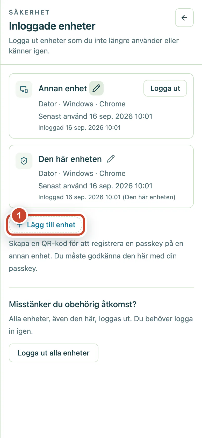Sidan Inloggade enheter med knappen Lägg till enhet markerad.