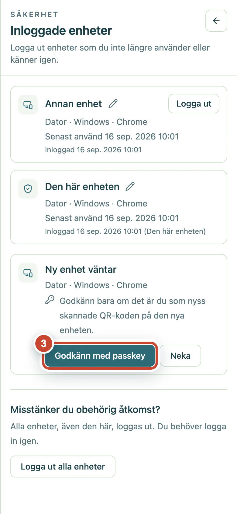Begäran för en ny enhet med knappen Godkänn med passkey markerad.
