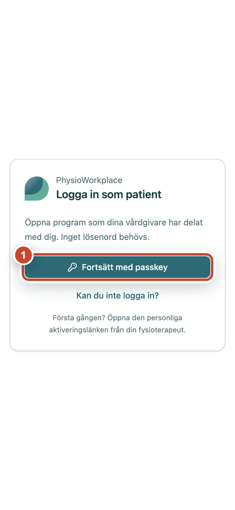 Patientinloggning med knappen Fortsätt med passkey markerad.