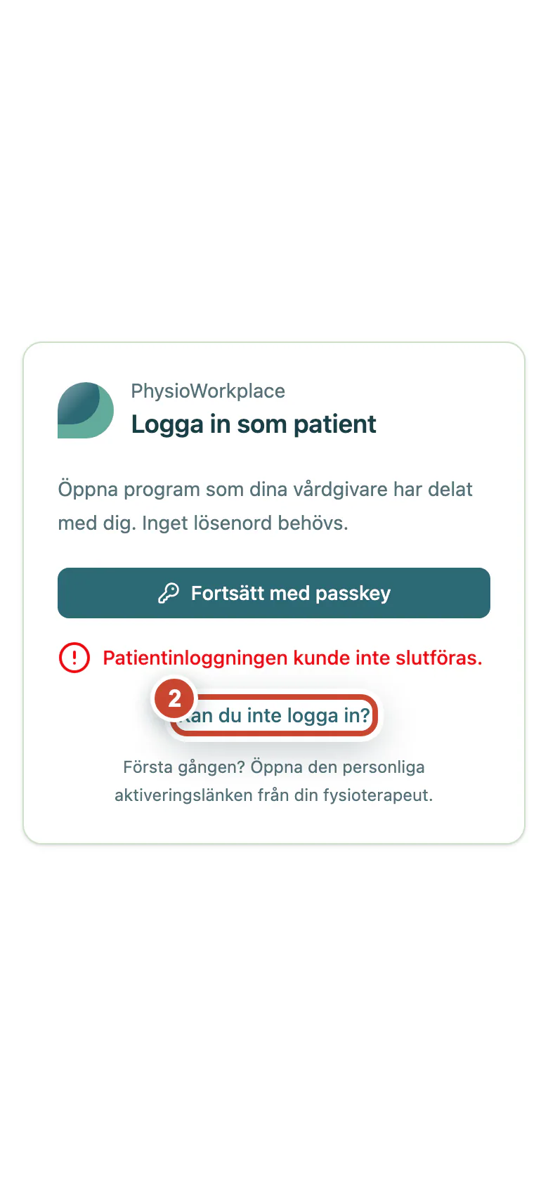 Misslyckad patientinloggning med länken Kan du inte logga in markerad.