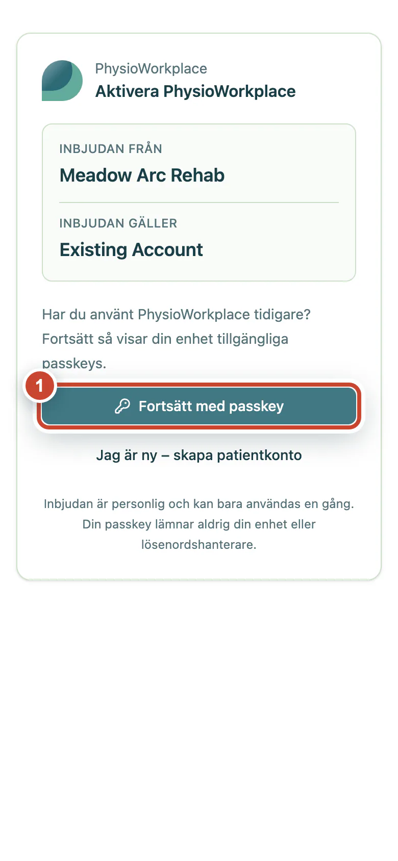 Patientinbjudan med knappen Fortsätt med passkey markerad.