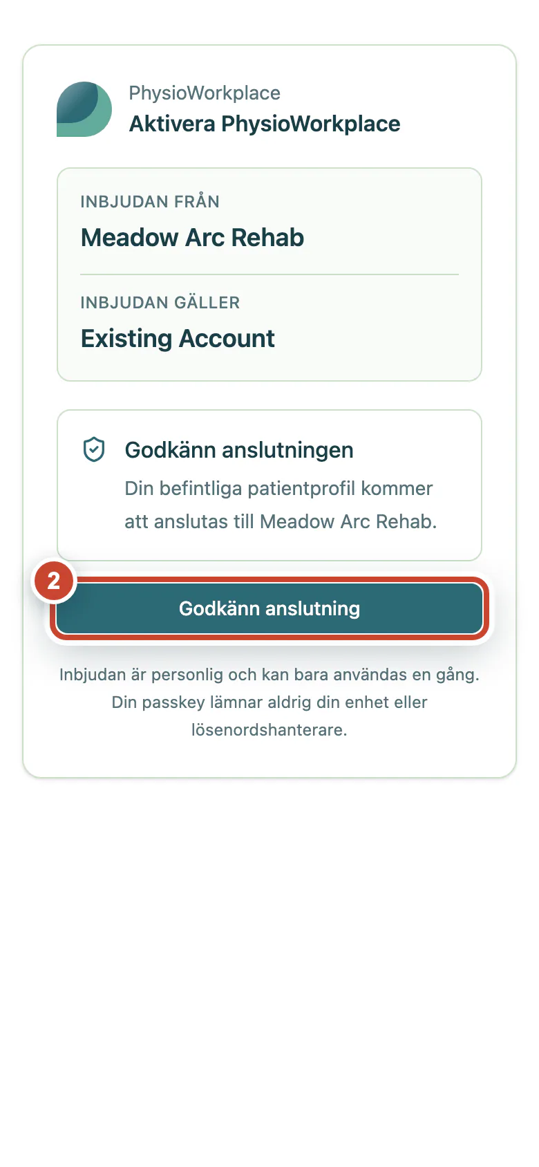 Bekräftelsesidan med knappen Godkänn anslutning markerad.