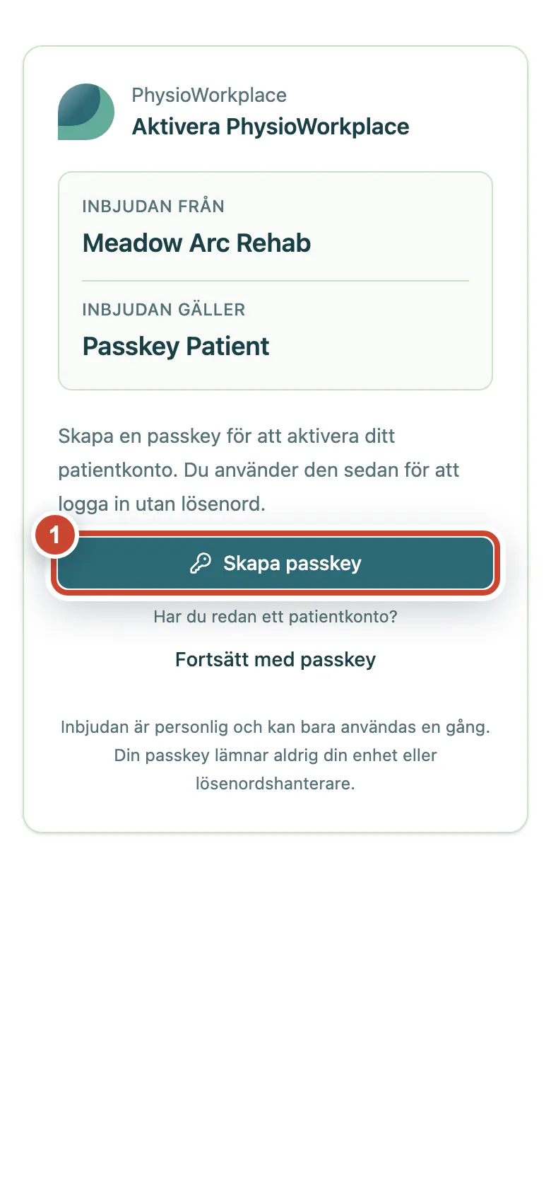 Personlig aktiveringsinbjudan med knappen Skapa passkey markerad.