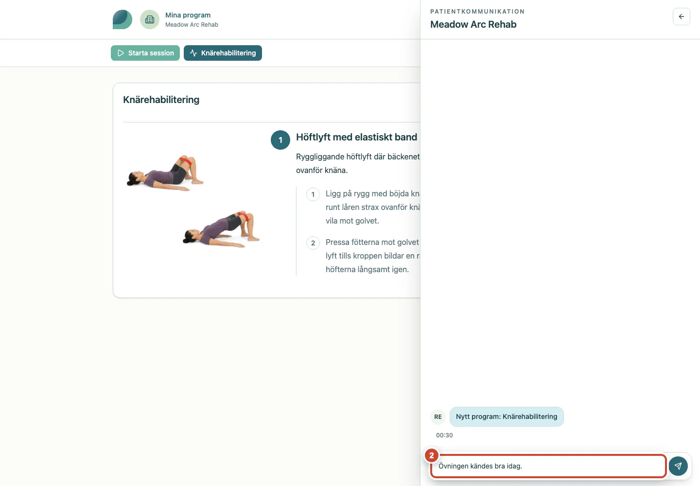 Öppen patientkonversation med ett meddelande inskrivet.