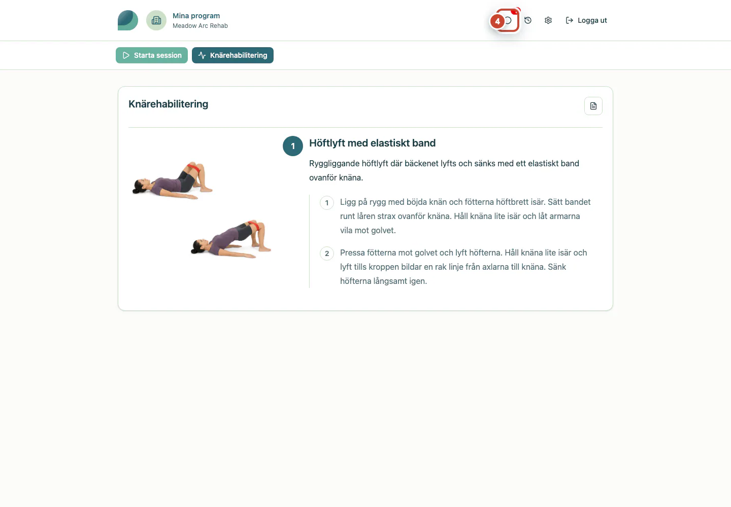 Patientprogrammet med ett oläst meddelande markerat.