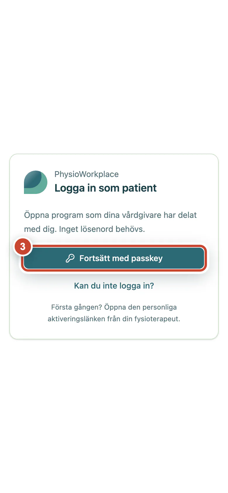 Patientinloggningen med knappen Fortsätt med passkey markerad.