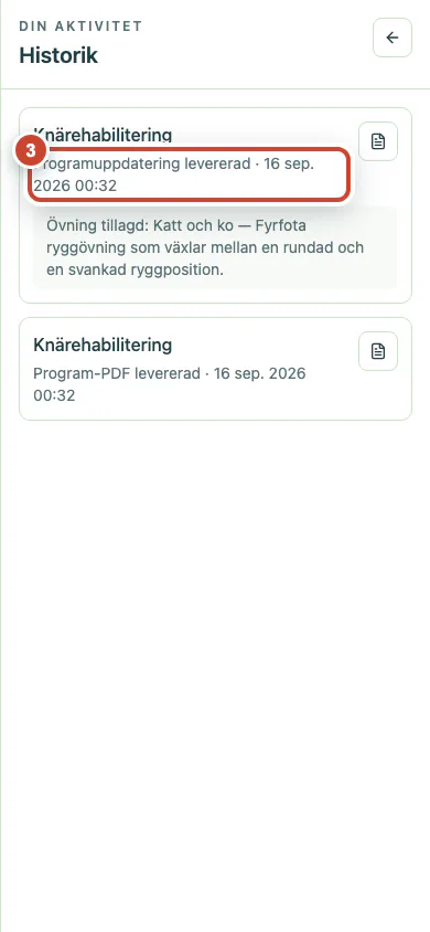 Leveranshistoriken med den senaste programuppdateringen.