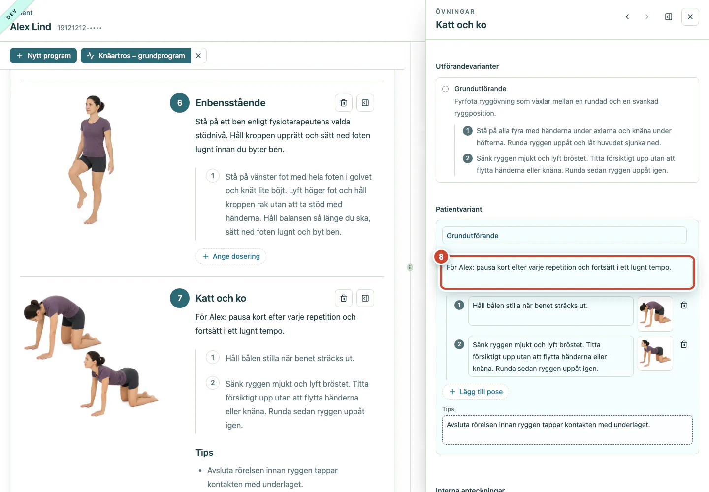 Patientprogrammet med patientanpassad instruktion, poseinstruktion och tips under redigering.